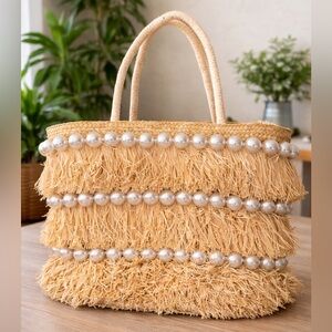 BTB Los Angeles Raffia Fringe Pearl Straw Tote Beach Bag Boho Resort
